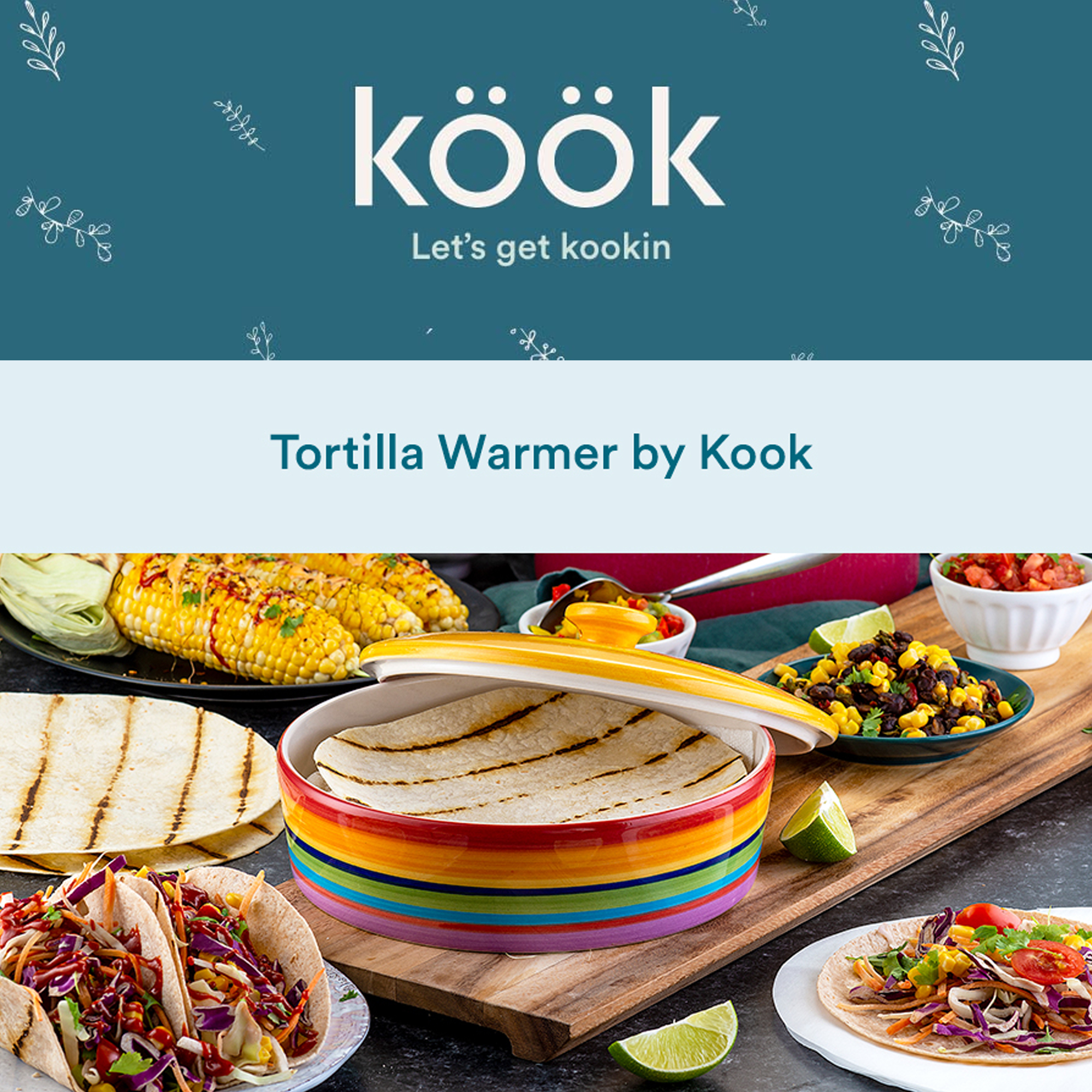 Kook Ceramic Tortilla Warmer Container Microwave Cookware for Taco Shells， Roti