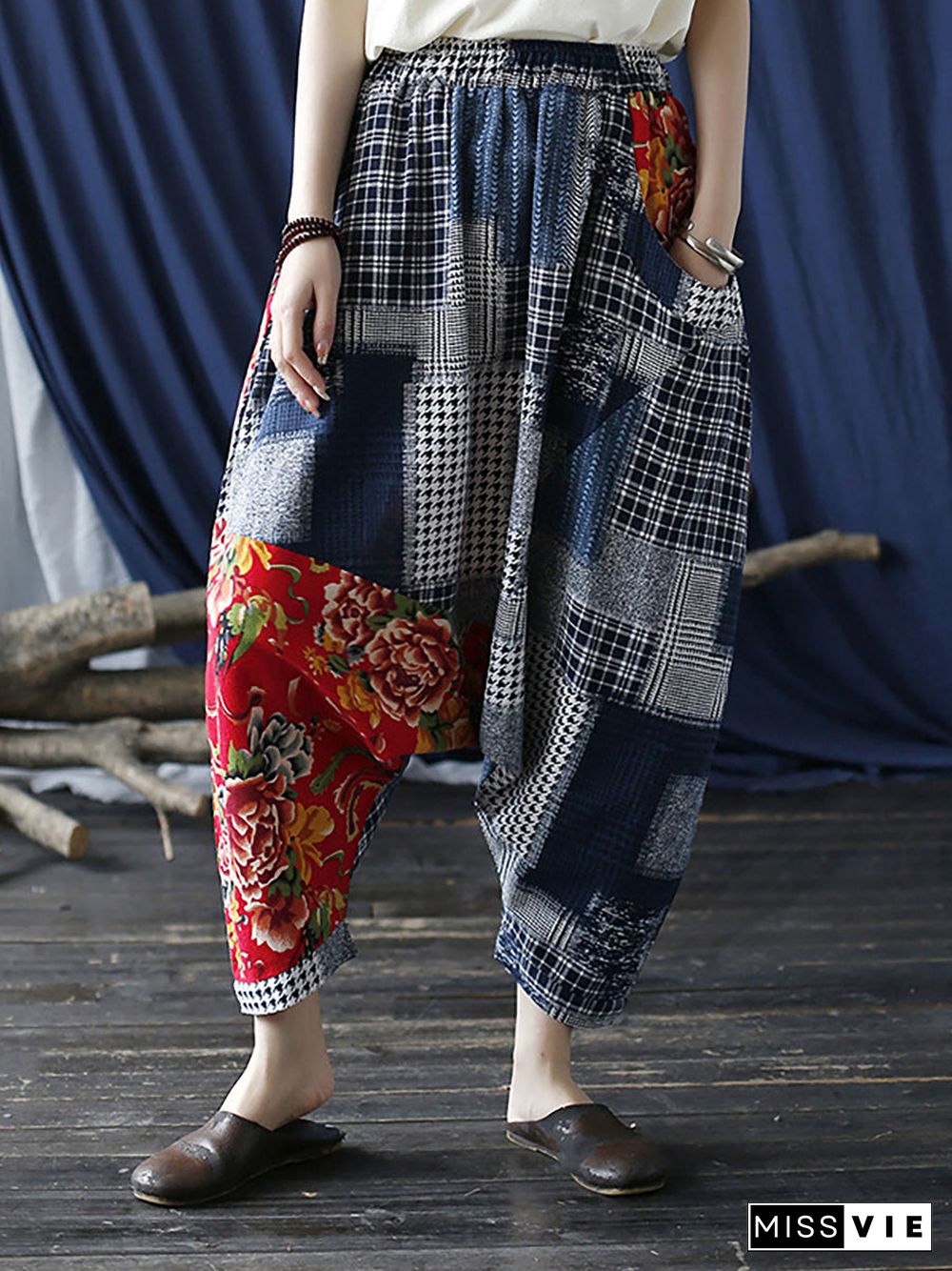 Plus Size Patchwork Plaid Women Casual Elastic Waist Pants