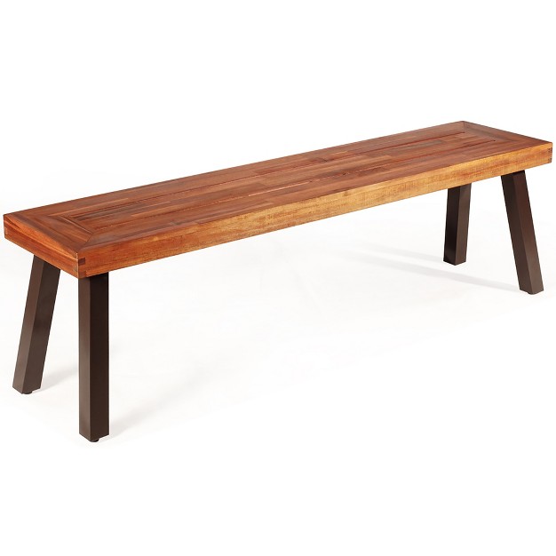 Costway Patio Acacia Wood Dining Bench Seat With Rustic Steel Legs For Outdoor Indoor