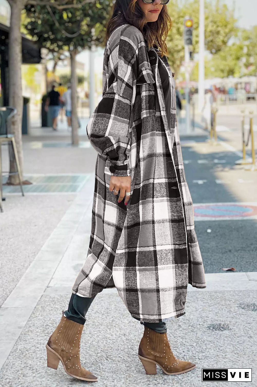 KarliDress Lapel Plaid Print Woolen Long Coat P12611