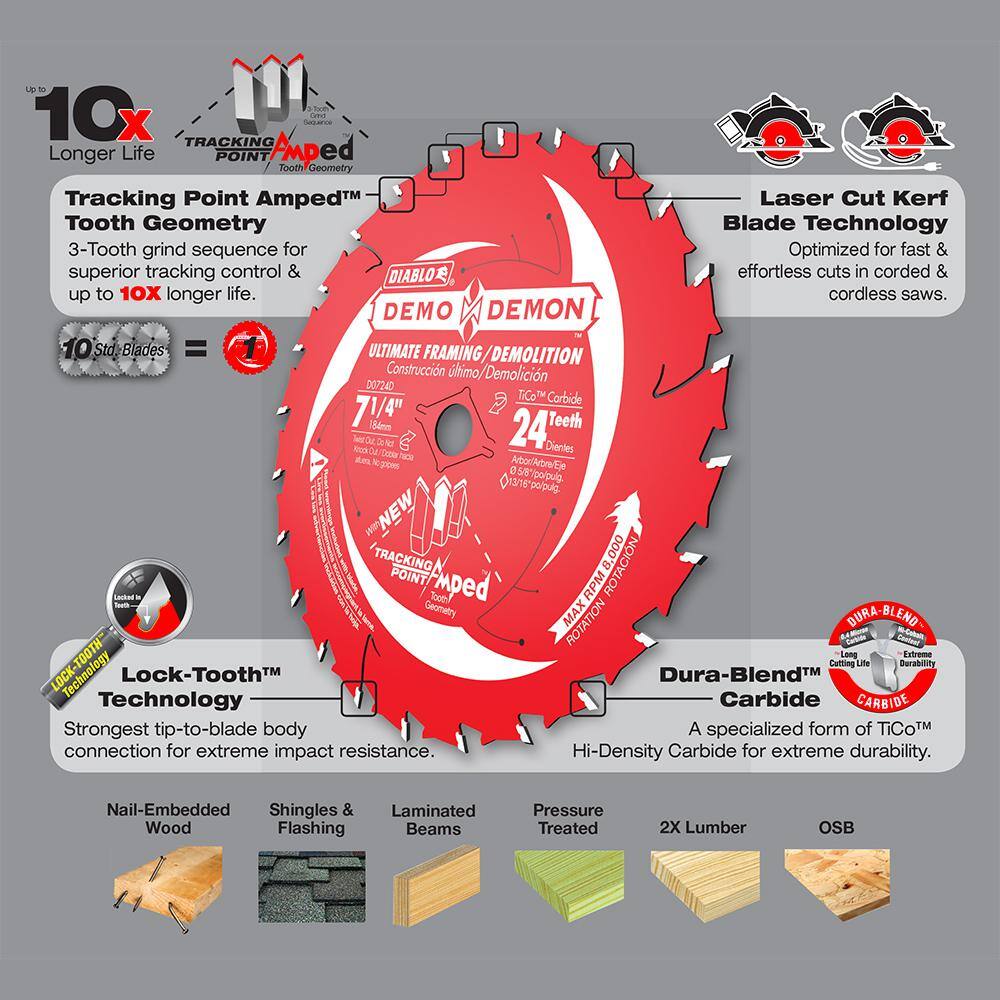 DIABLO Demo Demon 7-14 in. 24-Tooth FramingDemolition Circular Saw Blade D0724DR