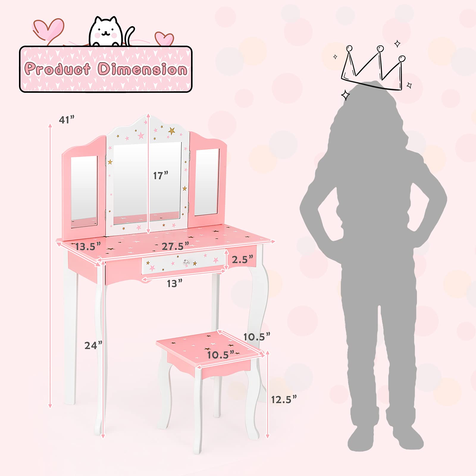 Costzon Kids Vanity Set with Mirror, 2 in 1 Princess Makeup Dressing Table w/Detachable Top