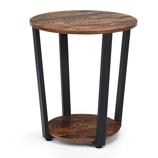 Industrial Round End Table with Metal Frame and Storage Shelf