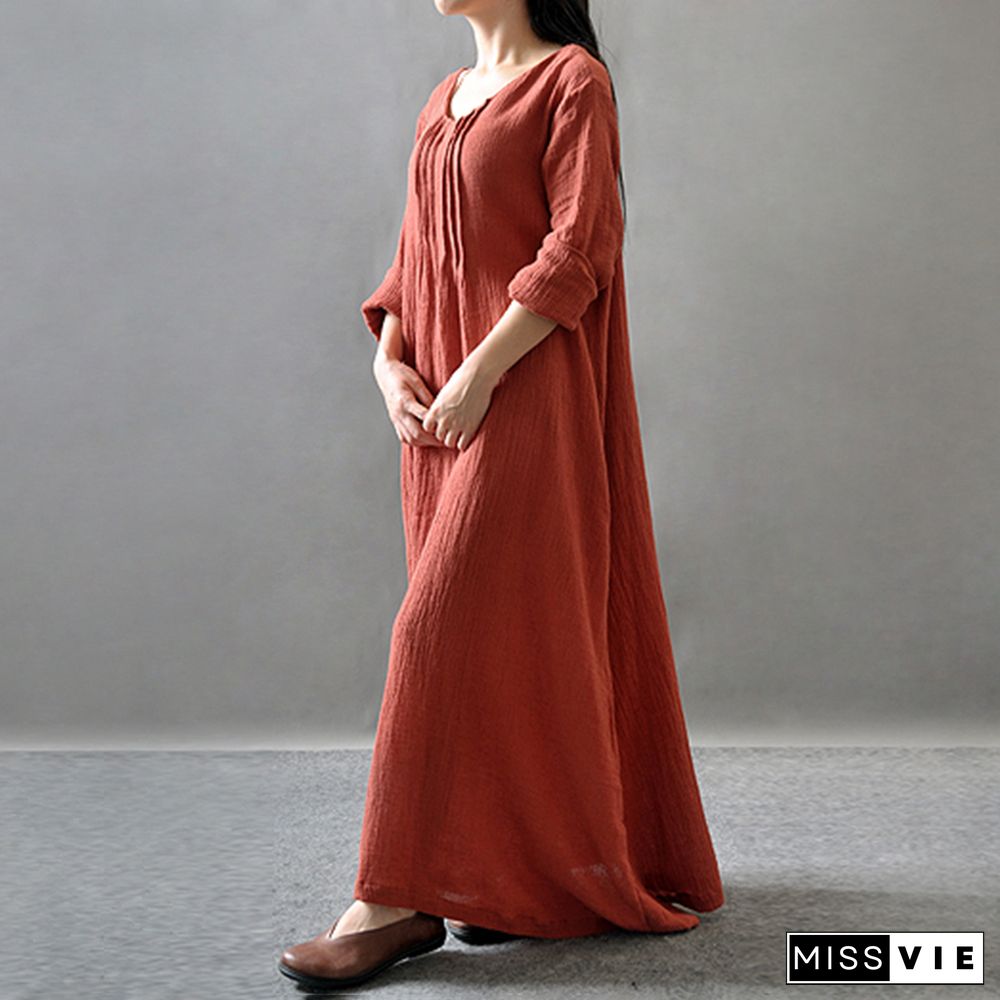 Solid Color Pleat Pocket Casual Maxi Dress