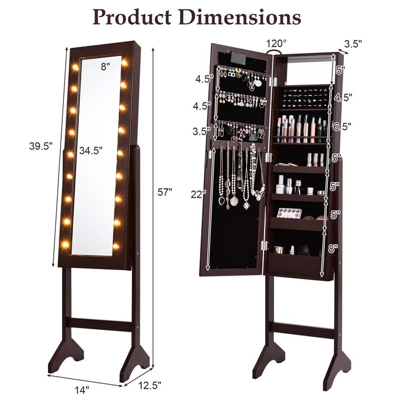 18 LEDs Large Standing Jewelry Armoire Cabinet Makeup Mirror with Full-Length Mirror 16 Lipstick Holder