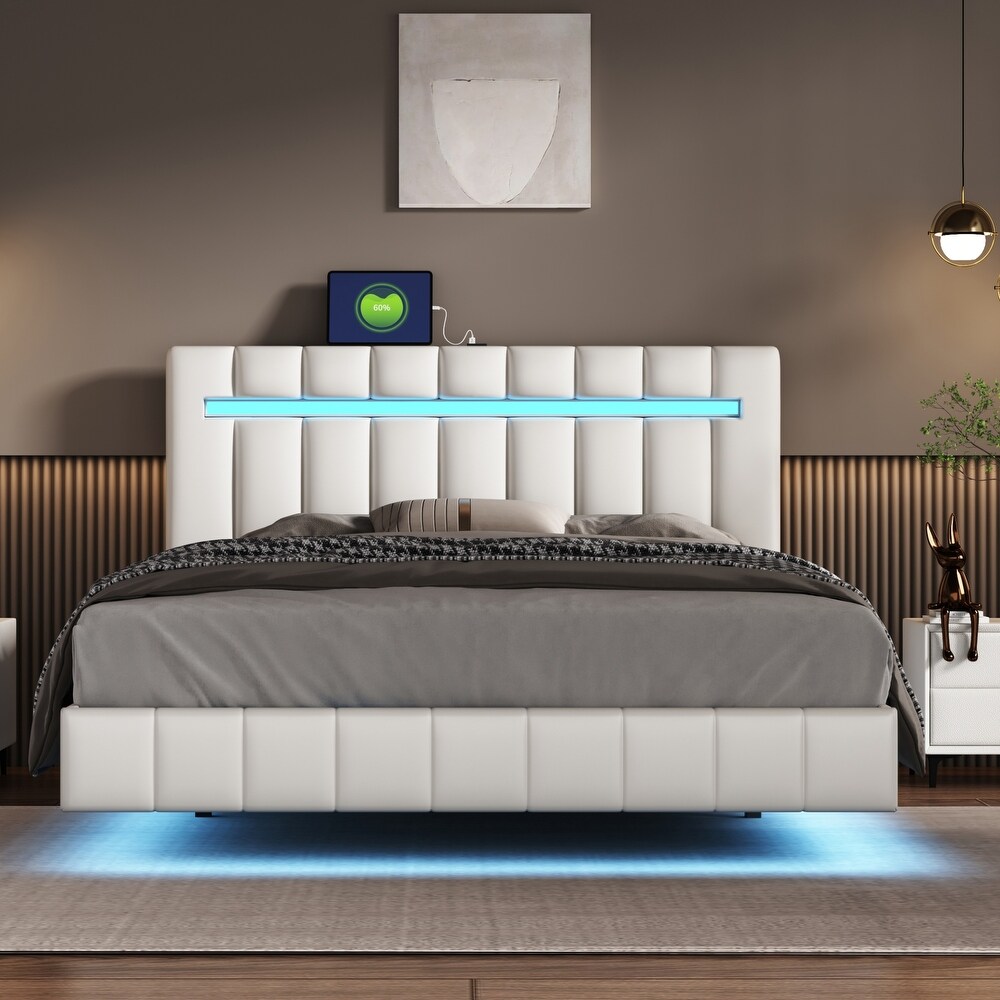 Floating Bed Frame w/ LED Lights Headboard Unique PU Upholstered Platform LED Bed Frame w/ USB Power Strips No Box Spring Needed