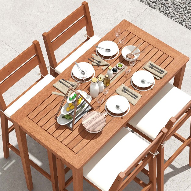 Costway 5 Pcs Patio Eucalyptus Wood Bar Set Bar Height Dining Table amp 4 Cushioned Chairs