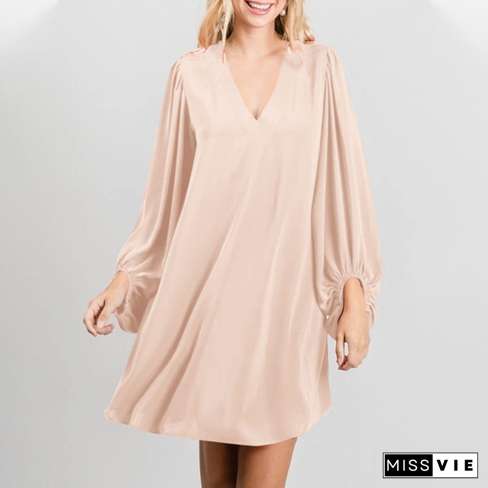 Women Casual Loose Mini Dress Lantern Long Sleeve V Neck Party Short Dress Plus Size Clothes