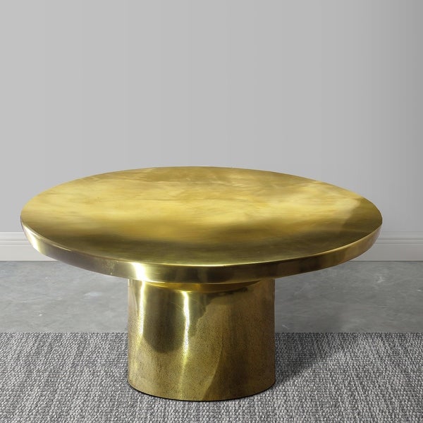 Zoe 30 Inch Modern Classic Round Metal Coffee Table with Pedestal Base， Glossy Gold Brass