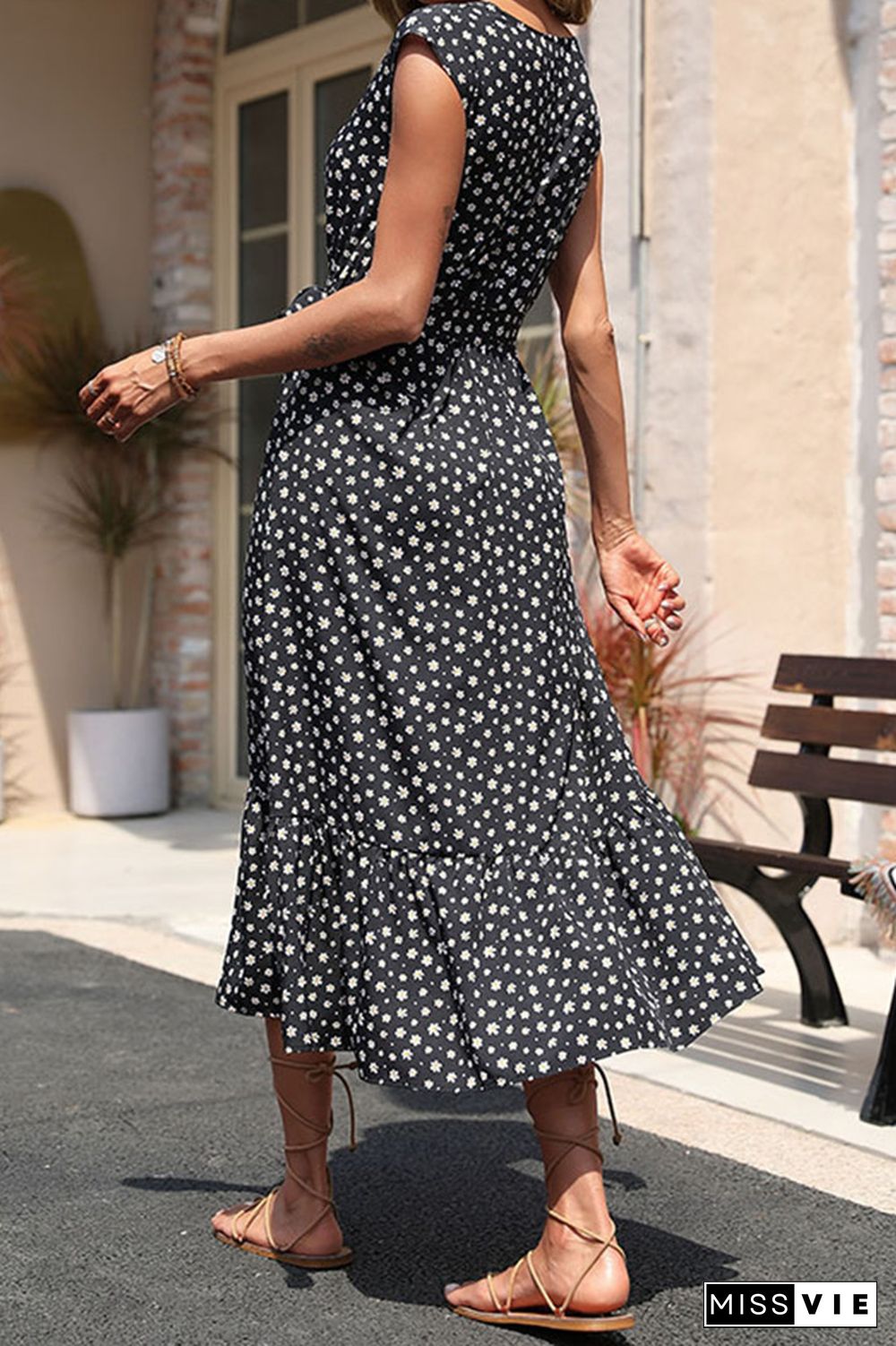 Black Floral V Neck Buttoned Maxi Dress