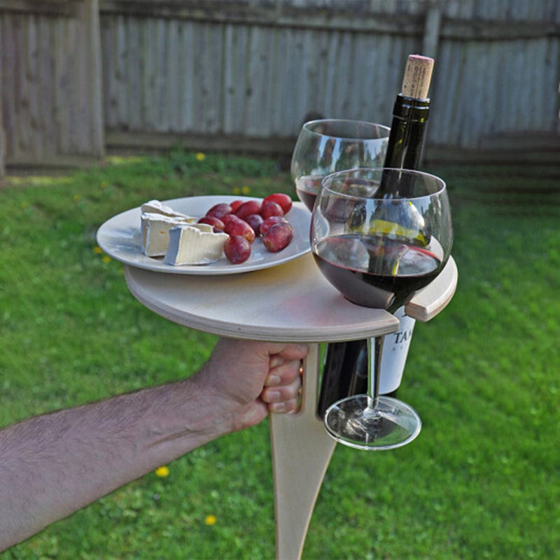 Outdoor Foldable Wine Table with Strong Base Round Desktop Mini Wooden Picnic Table Easy to Carry Wine Rack