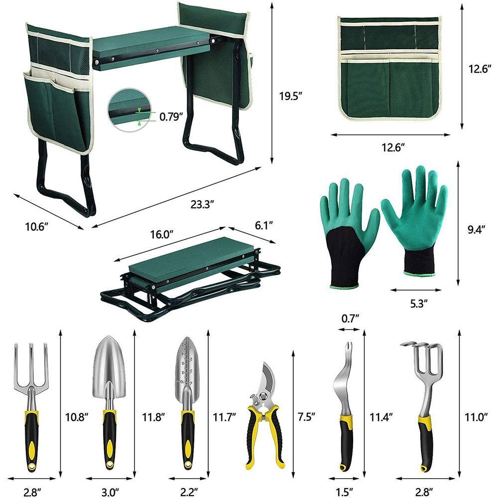 23.3 in. 6-Pieces Green Foldable Garden Seat Kneeling Chair Garden Tool Set with Soft Kneeling Cushion B08SBKNCG4