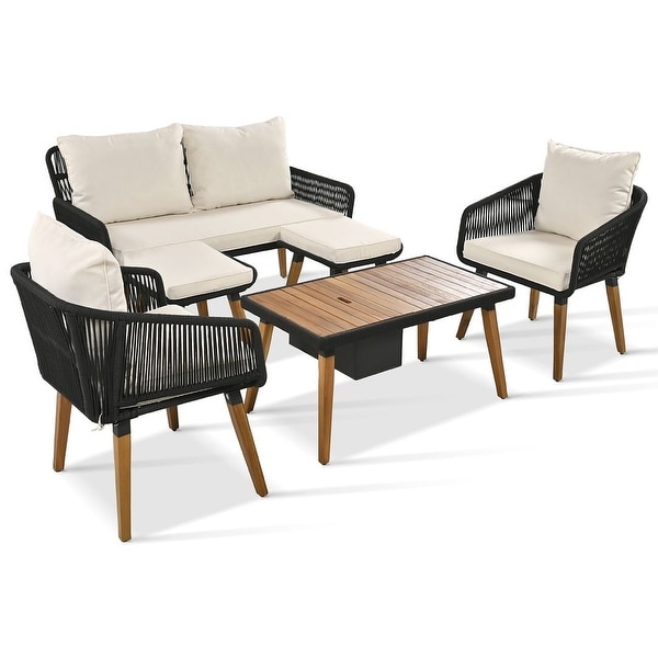 6 PCS Rope Outdoor Patio Furniture Set for 6 with Two Stools，Cool Bar Table Combo