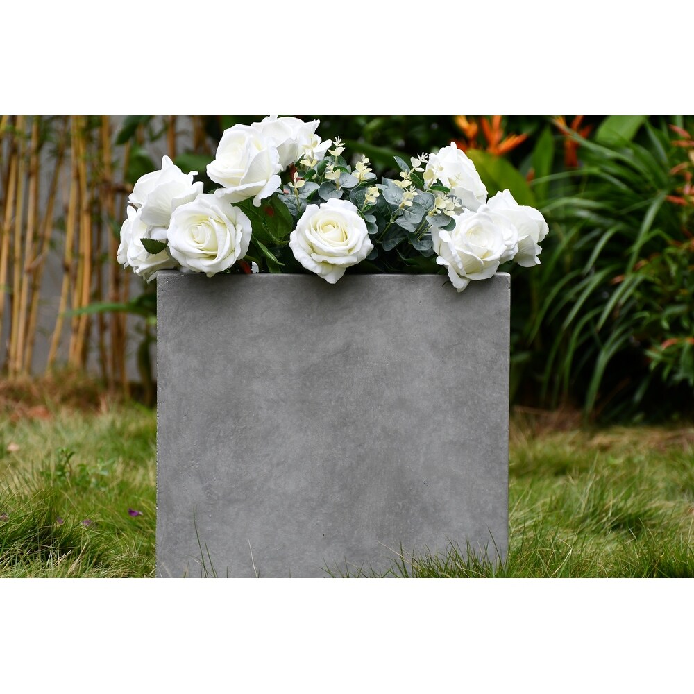 Kante Square Lightweight Concrete and Weather Resistant Fiberglass Indoor Outdoor Tall Planter with Drainage Hole