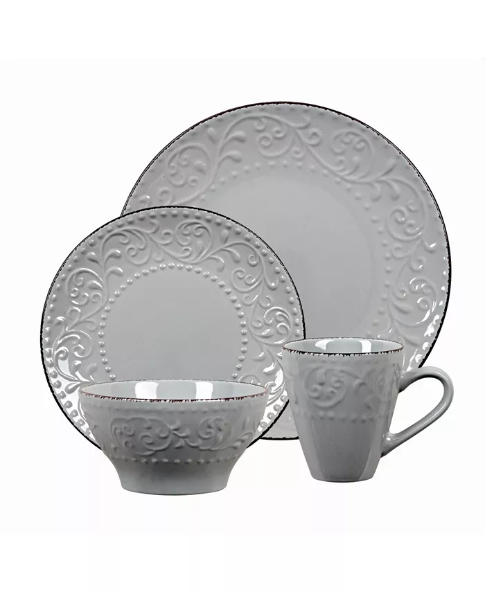 Lorren Home Trends 16 Piece Stoneware Scroll Dinnerware Set Service for 4