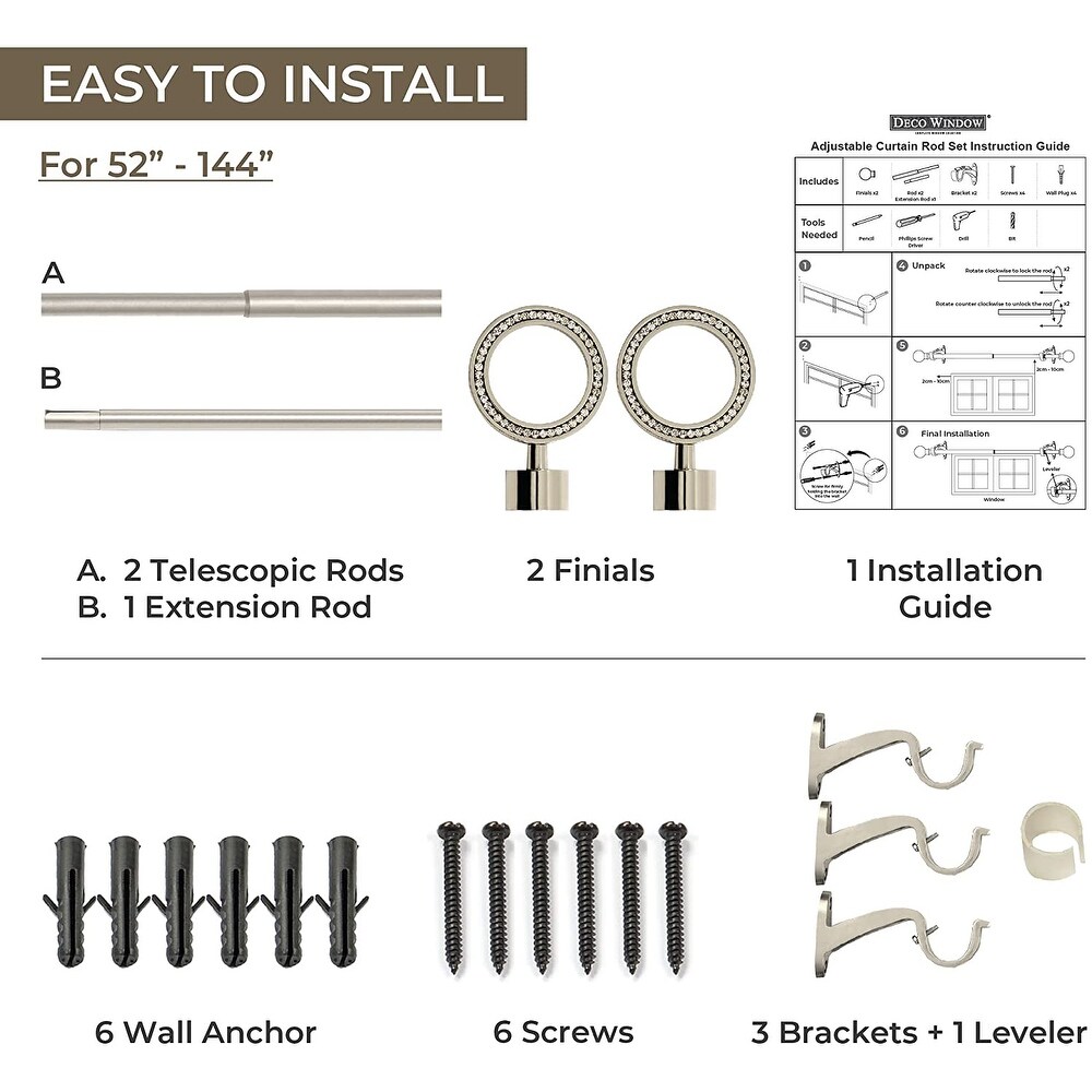 Deco Window 1 Inch Adjustable Nickel Curtain Rod for Windows   Doors Curtains with Round Finials   Brackets Set