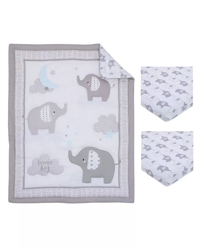 NoJo Elephant Stroll Dream Big Clouds and Stars with Chevron Border Nursery Mini Crib Bedding Set， 3 Piece