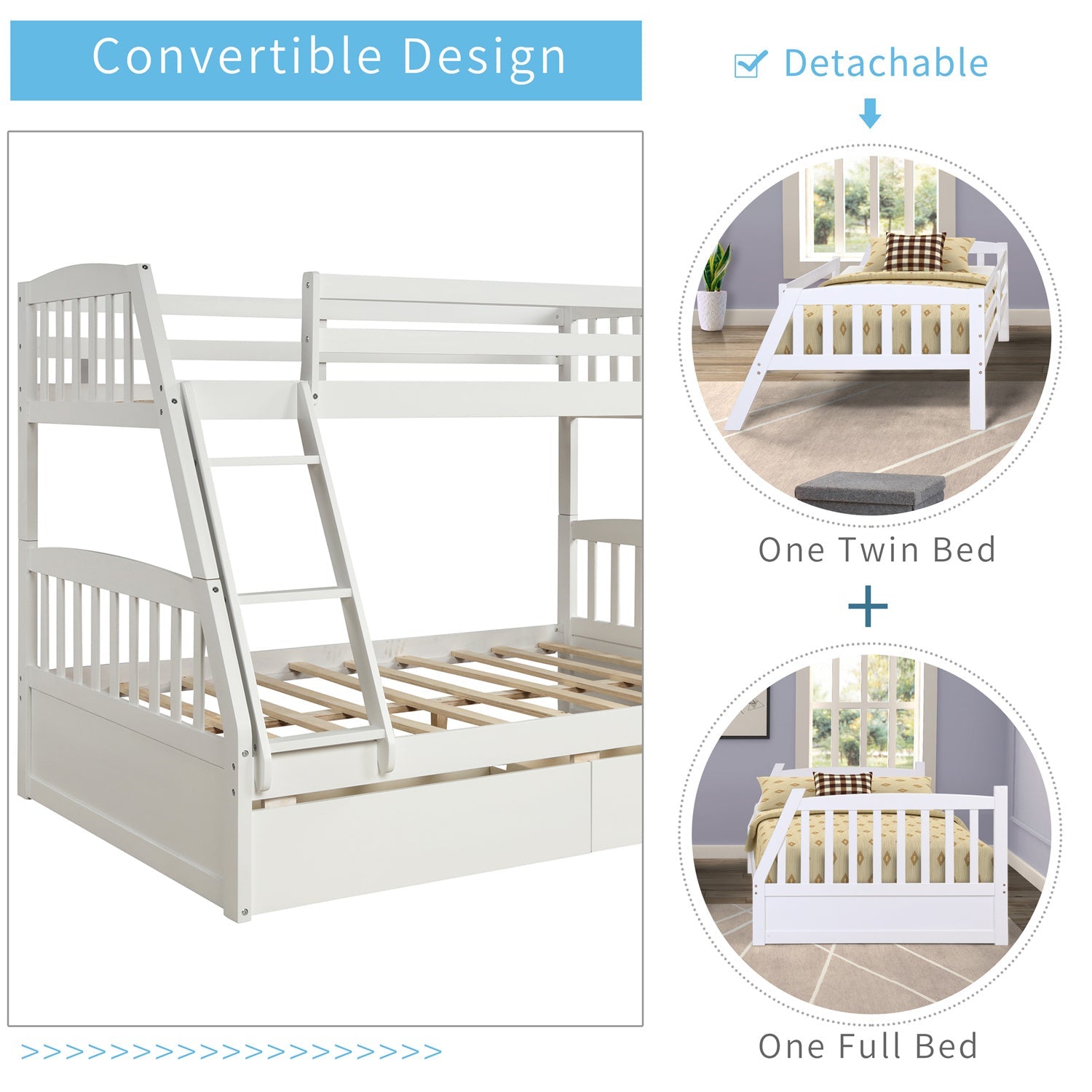 Twin Over Full Bunk Bed with Two Storage Drawers, Pinewood Bed Frame and Ladder with Guard Rails for Toddlers, Kids, Teens, Boys and Girls, White