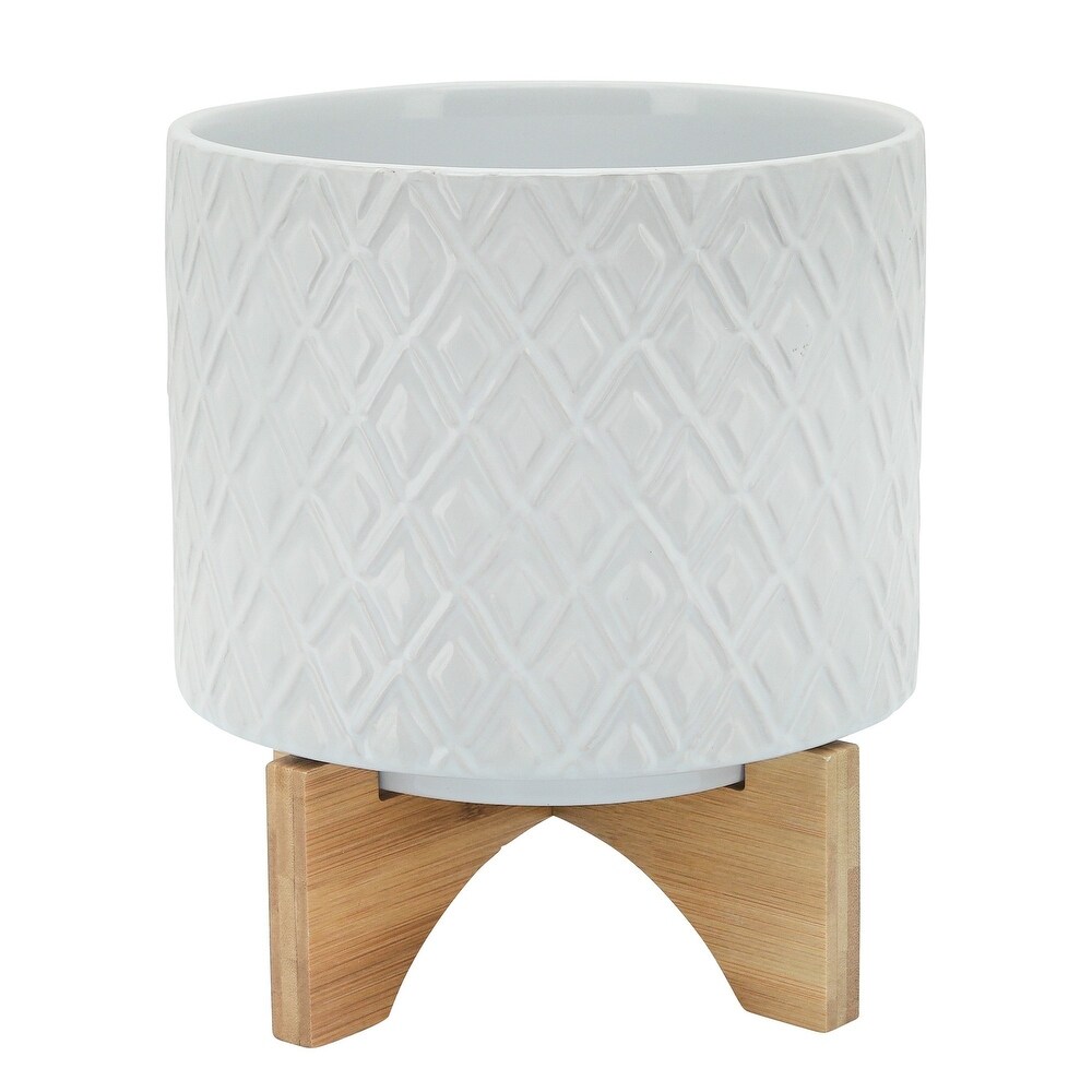 Ceramic Planter with Diamond Pattern and Wooden Stand  White