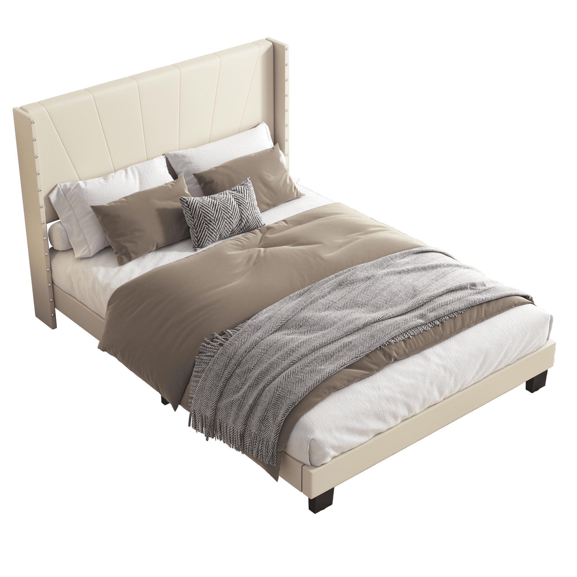 BTMWAY Full Bed Frame, Full Size Velvet Upholstered Platform Bed with Headboard, Solid Wood Frame, Modern Full Platform Bed Frame Bedroom Furniture, Holds 550lbs, No Box Spring Needed, Beige