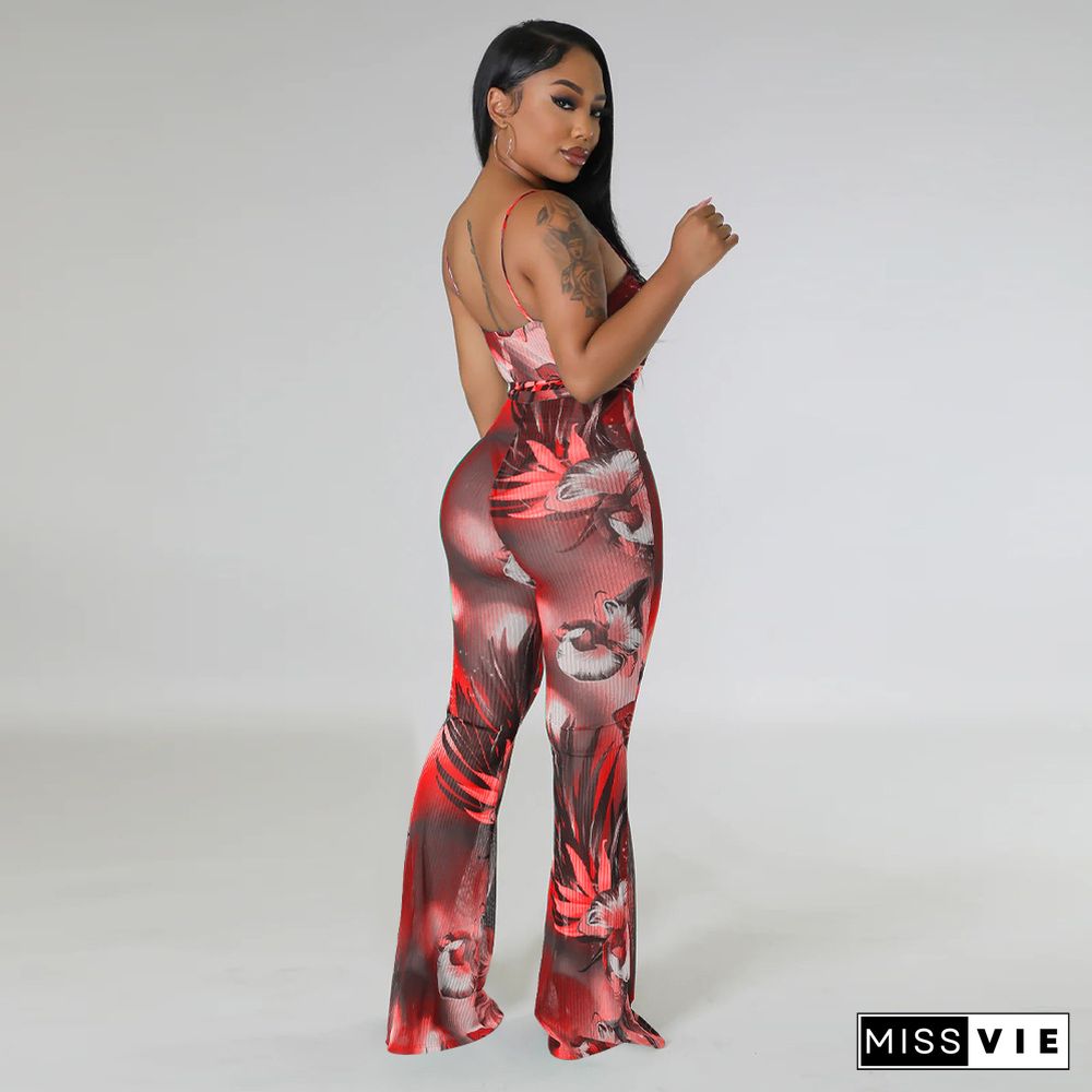 Sling Print Sexy Backless Flared Jumpsuit