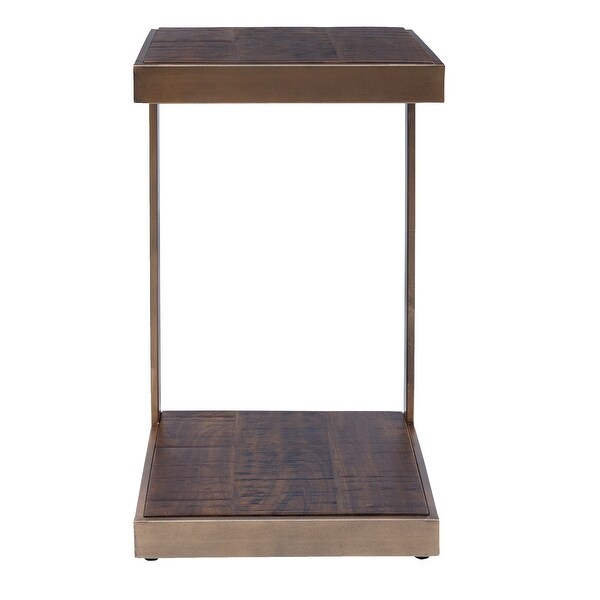 Metal Frame C Shape End Table with Wooden Top and Bottom， Brown - 15 L x 15 W x 24 H Inches