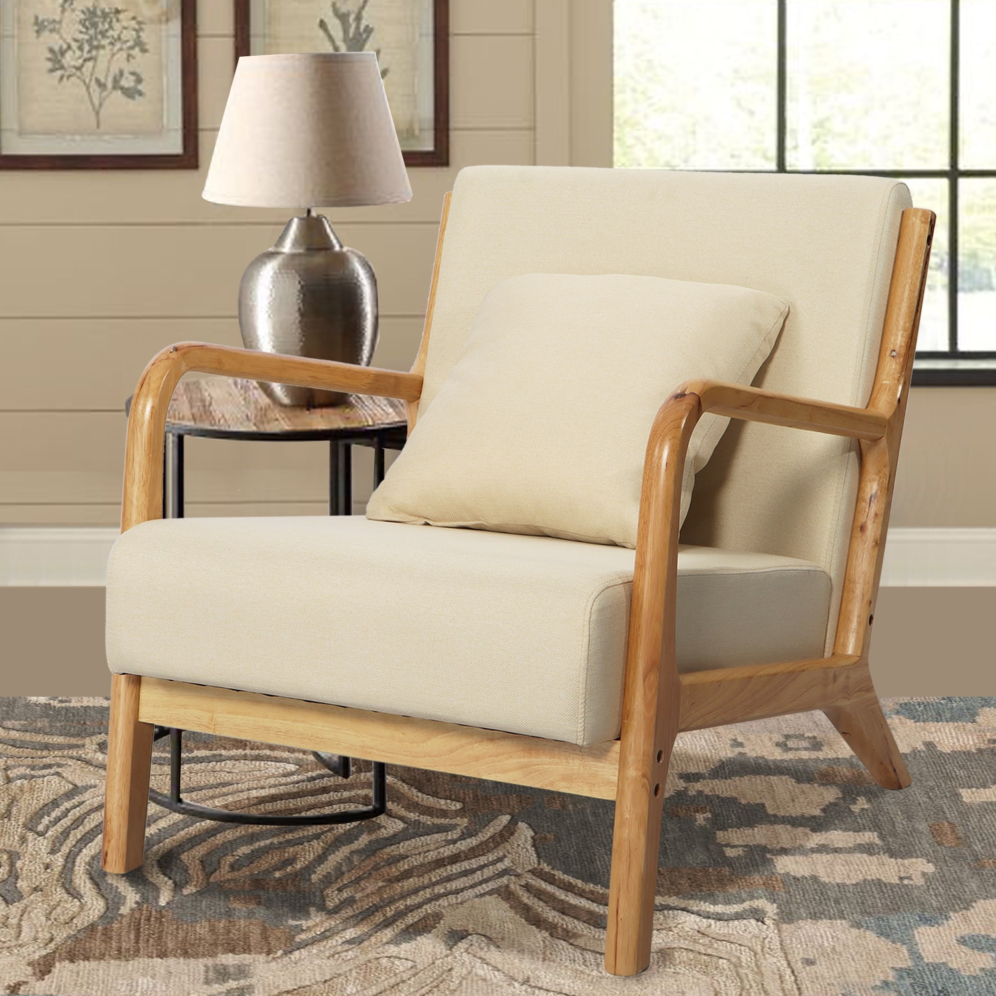 Linen Accent Chairs with Wood Legs - Upholstered Lounge Arm Chairs