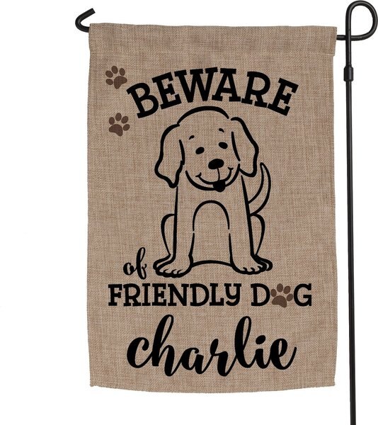 Custom Personalization Solutions Beware Of Friendly Dog Personalized Burlap Garden Flag