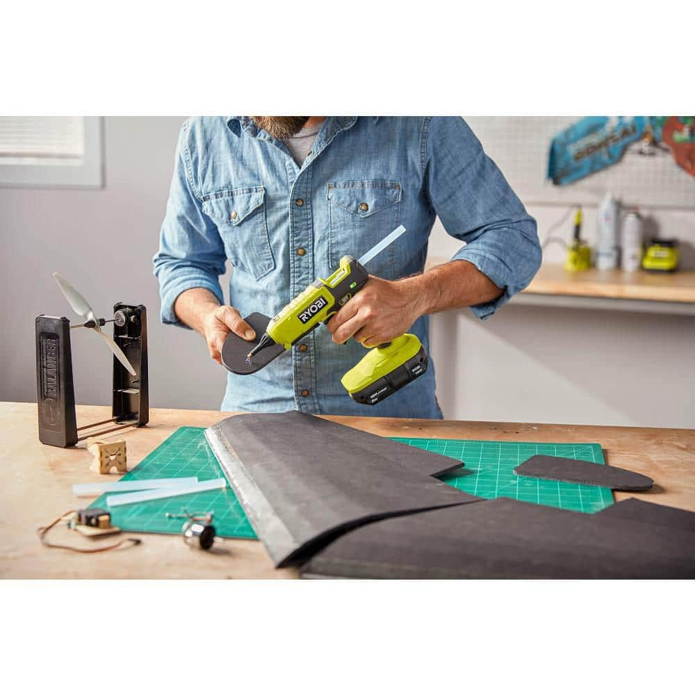 RYOBI ONE+ 18V Cordless 2- Tool Combo Kit with Rotary Tool Station, Dual Temperature Glue Gun, 2.0 Ah Battery and Charger PCL1205K1