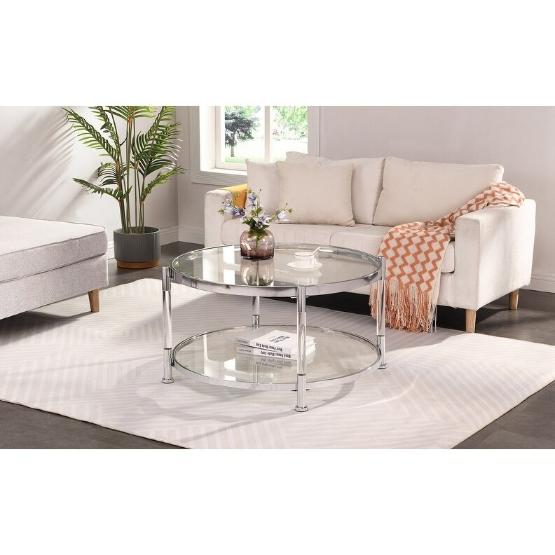 Grondin Modern Style Round 2 Tier Coffee Table Cocktail Table with Tempered Glass Top  Steel and Acrylic Frame