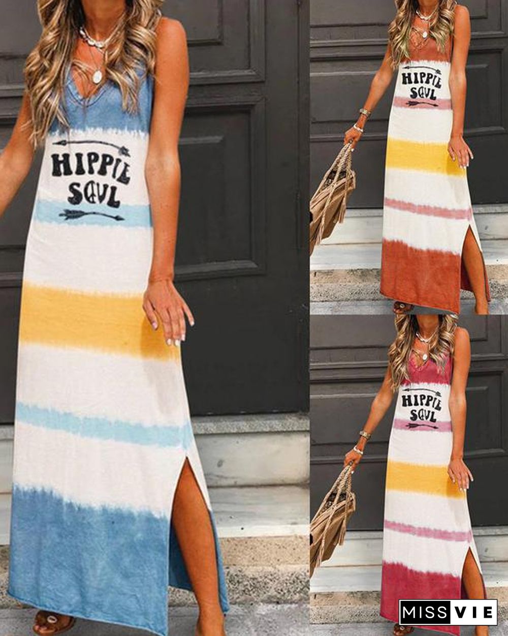 V Neck Casual Sleeveless Gradient Maxi Dresses