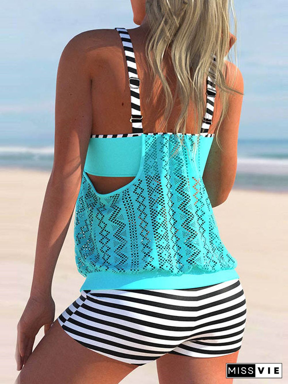 Lace Stitching Layered Striped Cyan Tankini Set