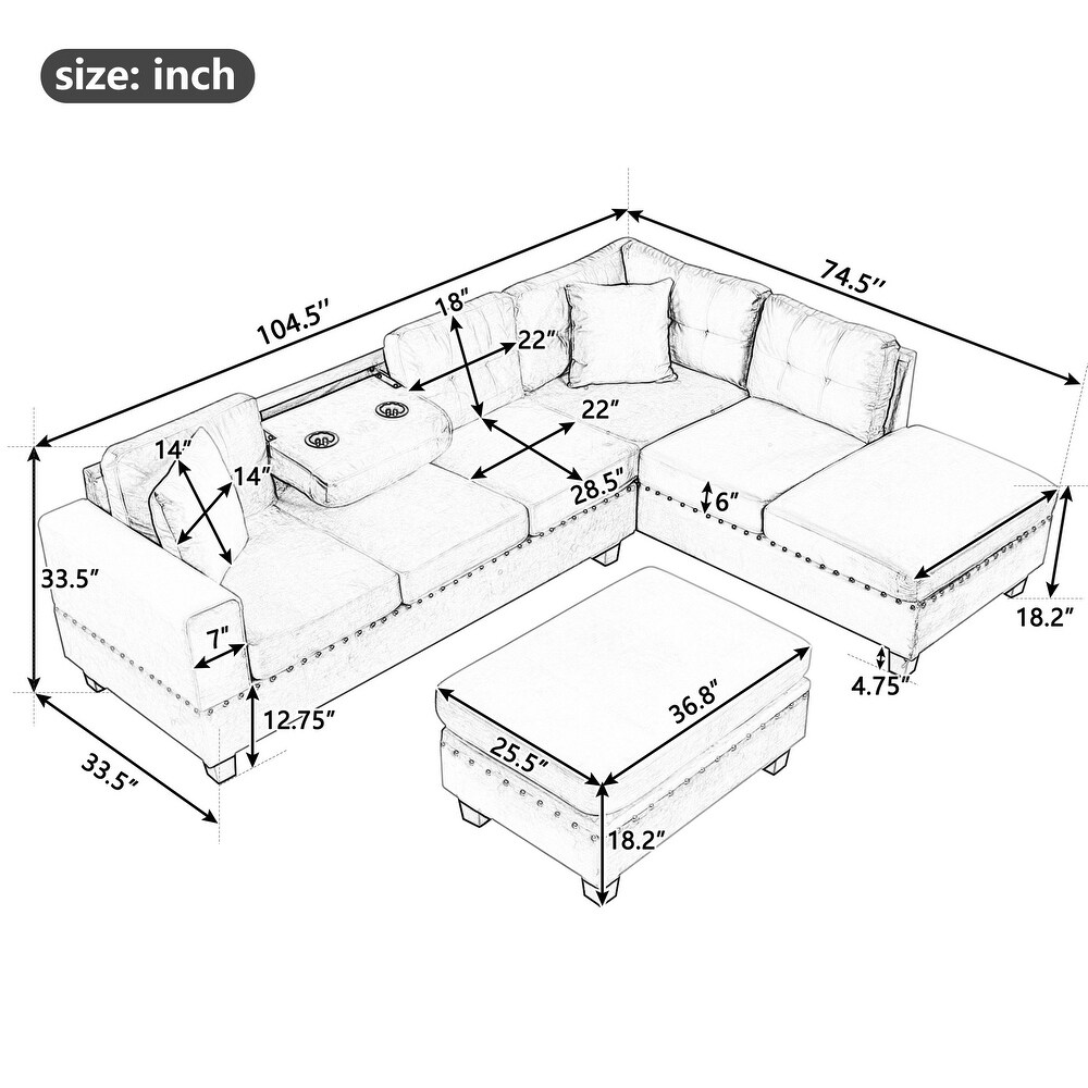 Modern Sectional Sofa with Storage Ottoman and Reversible Chaise L Shape Couch with Pillows and Cup Holder for Living Room  Gray