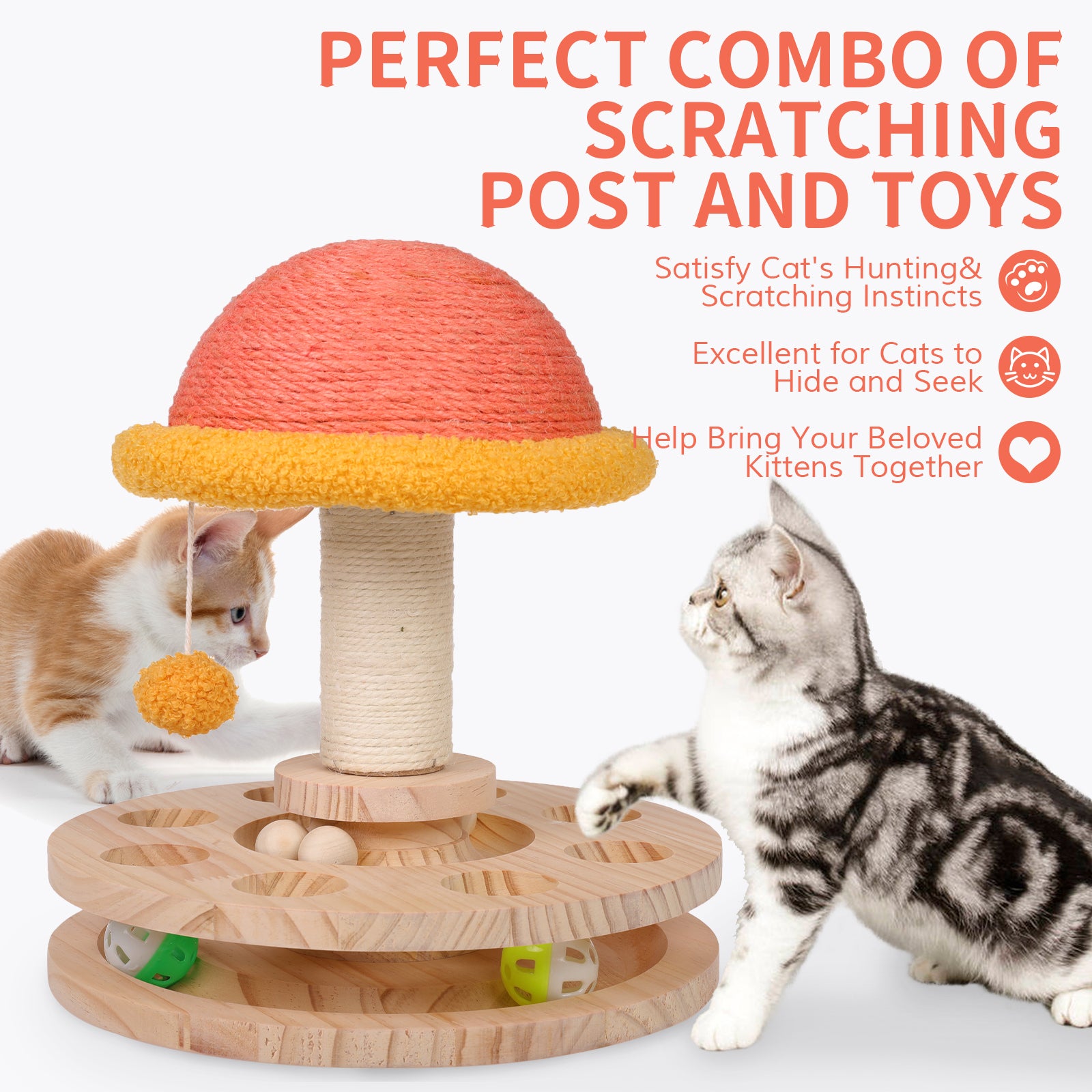 DENTRUN Cat Toy Roller， Interactive Cat Turntable Ball Track with Scratching Post Dangling Ball， Wood Maze Play Toy Ball for Indoor Cats Kittens