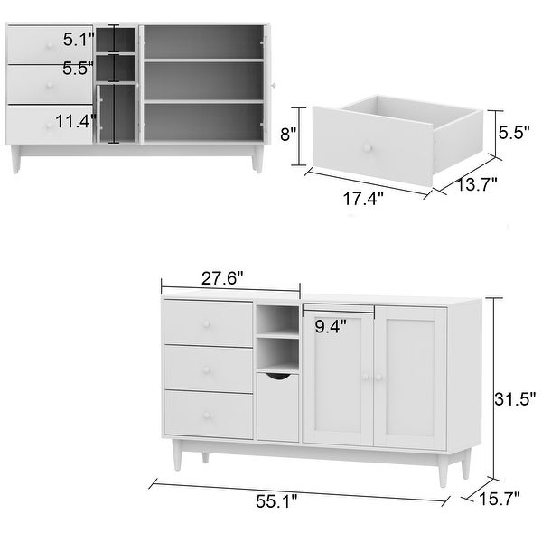 Wood Glass-Buffet-Sideboard Living Entryway Serving Storage Cabinet - 55.1