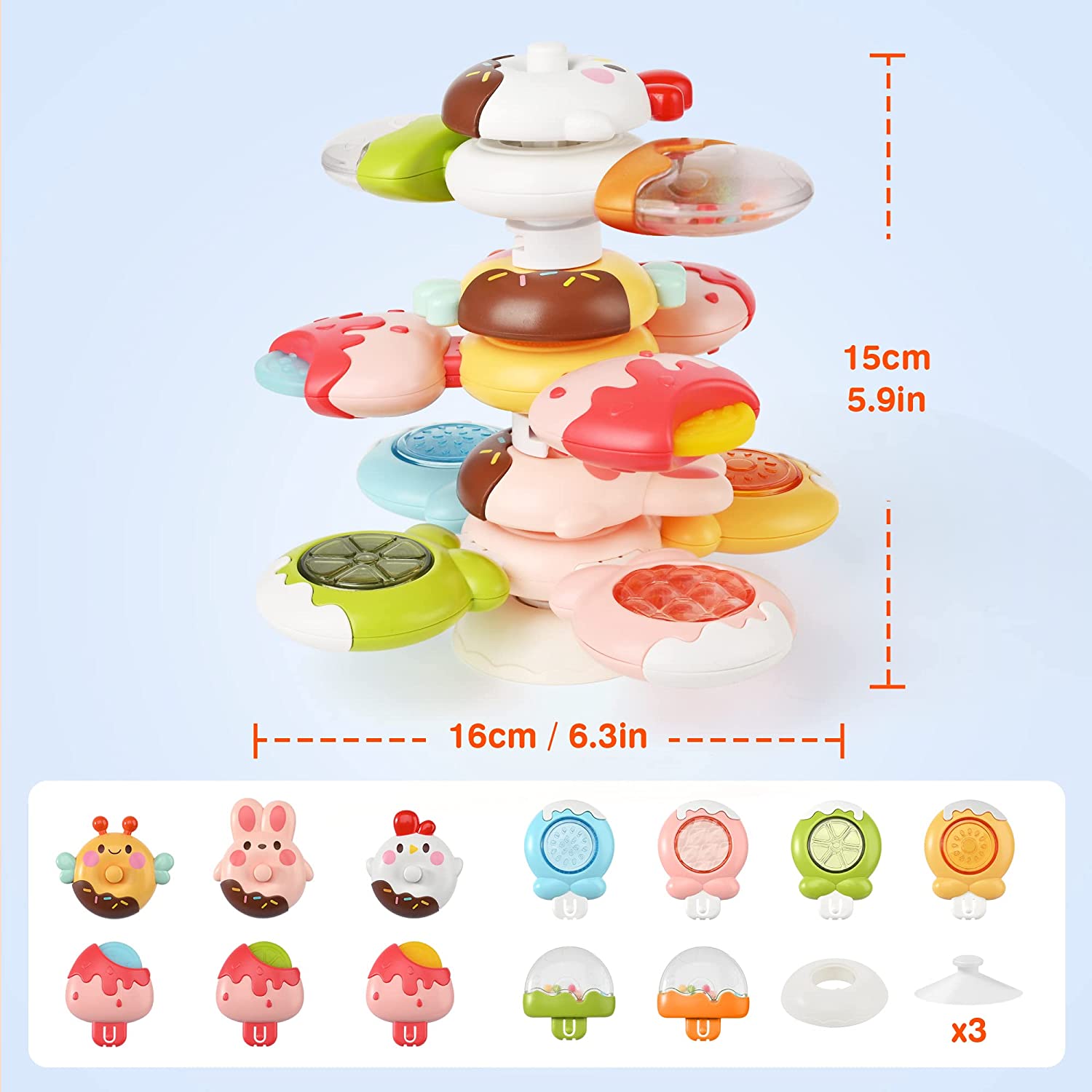 Vanmor 3 PCS Suction Spinner Toys for Babies, 12 PCS DIY Stackable Suction Cup Spinner Toy for Baby 12-18 Months, Baby Suction Toy for Window High Chair Tray Table Sensory Toys for Toddlers 1-3 Gifts