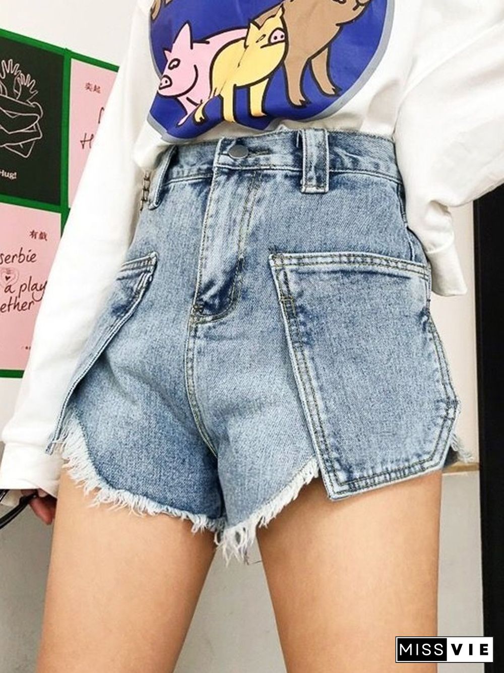 Patchwork Raw Hem Denim Mini Shorts