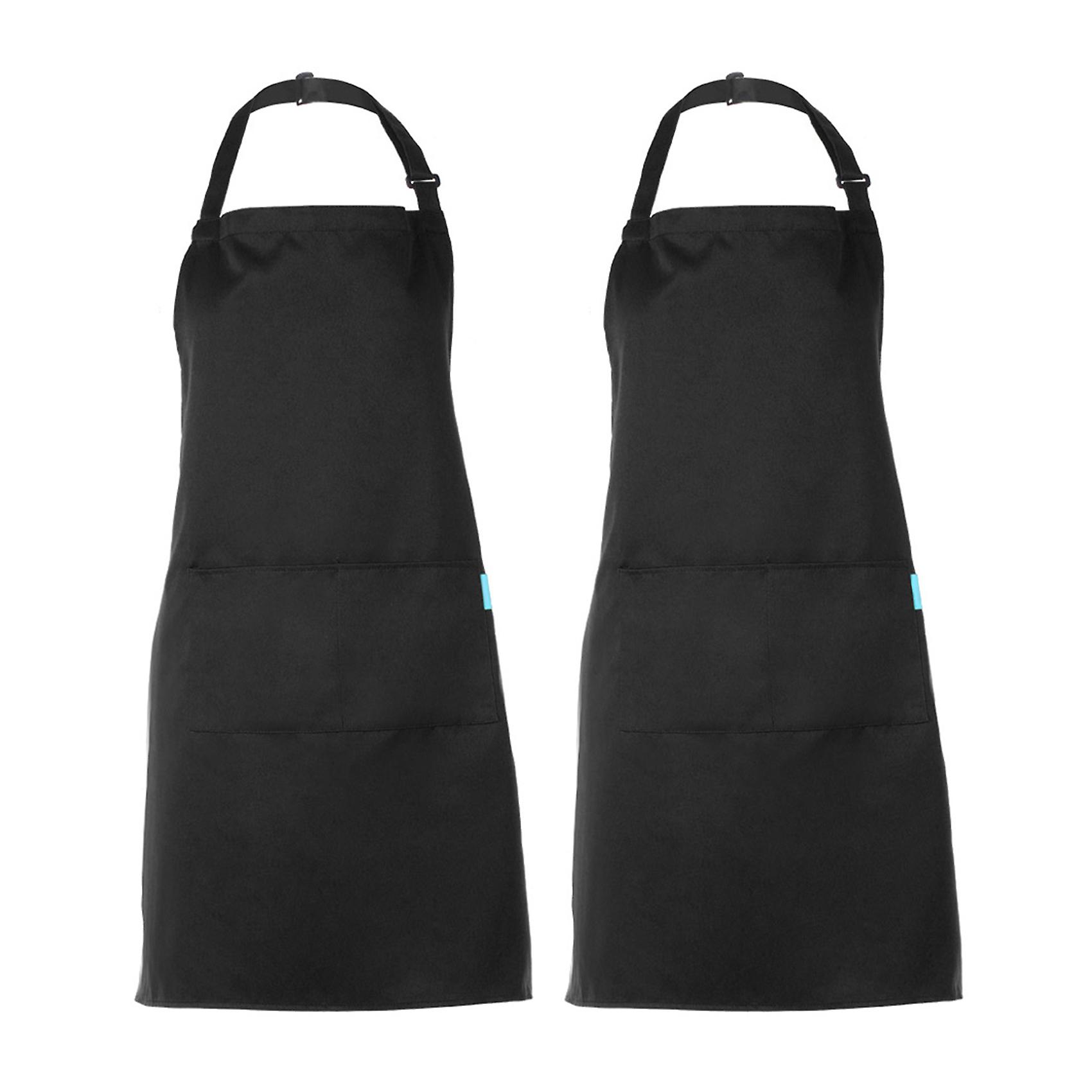 Black 2pcs/set Adults Polyester Kitchen Bbq Restaurant Apron With Adjustable Neck Belt 2 Pockets For Cooking Baking Gardening For Men Women--black