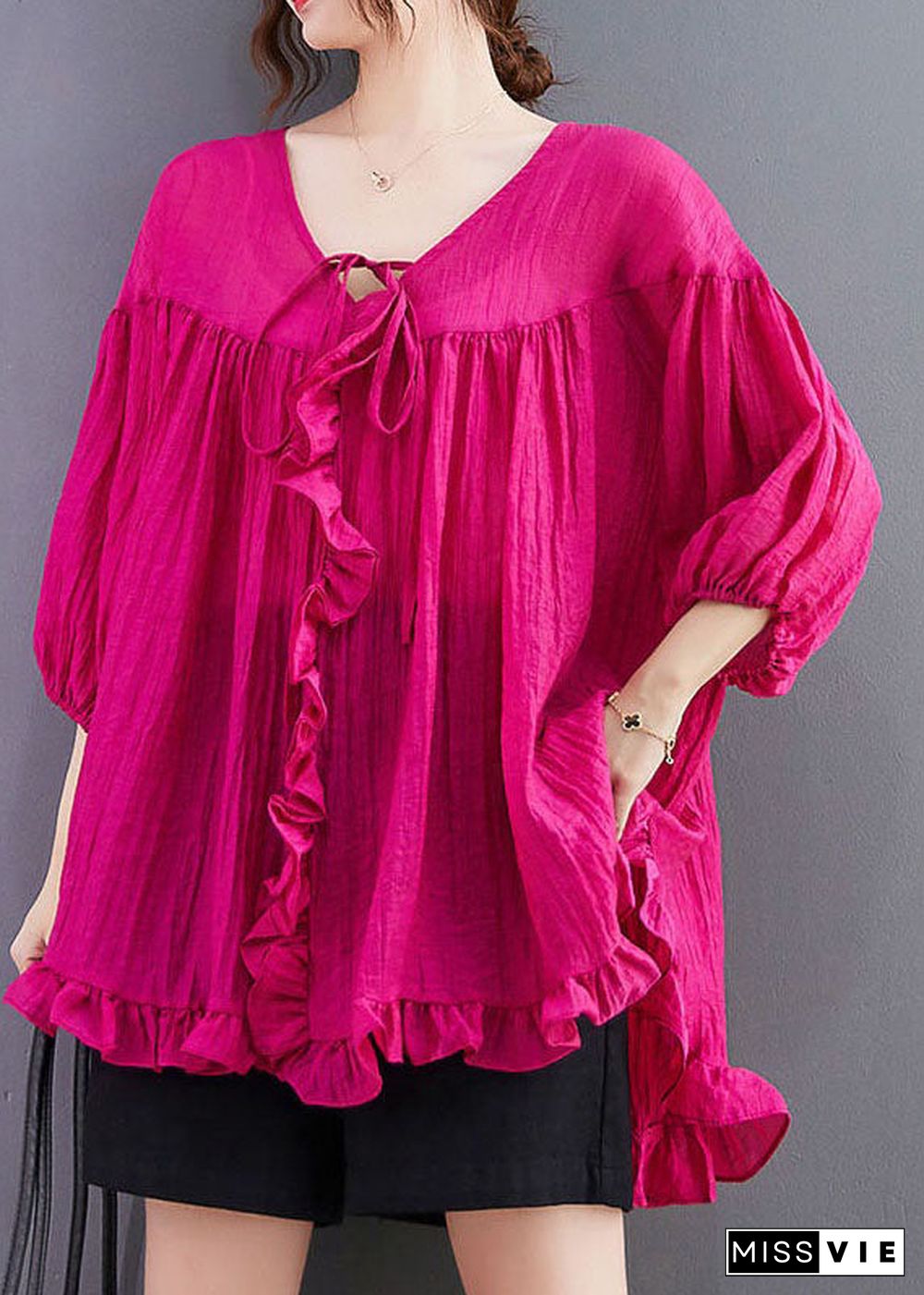 Loose Rose Ruffled Patchwork Lace Up Cotton Shirts Top Summer