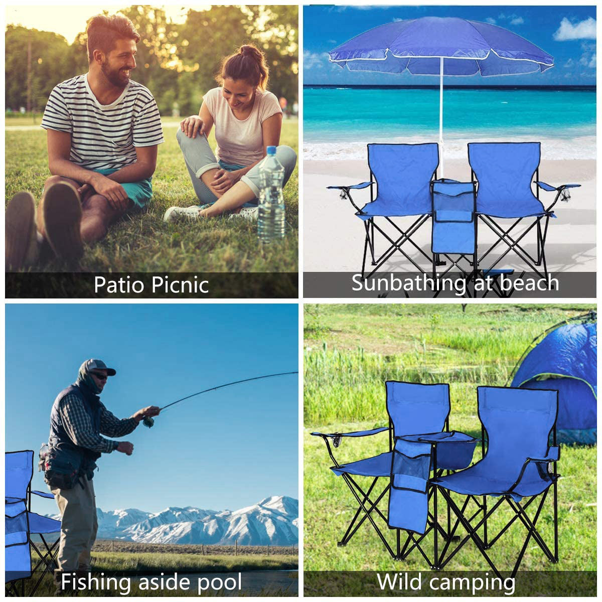 Lowestbest 2Pcs Outdoor Folding Chair， 2-Seat Portable Camping Chair with Sun Umbrella Cooler Bag， Blue