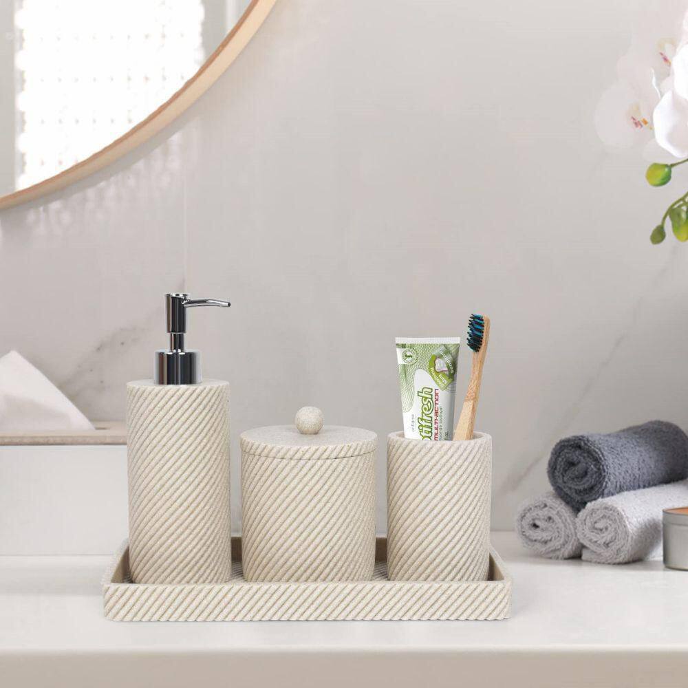 Dracelo 4-Piece Bathroom Accessory Set with Toothbrush Holder Vanity Tray Soap Dispenser Qtip Holder in Beige B0B2VB82CN