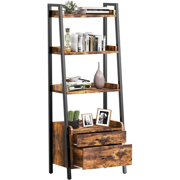 Fabato Bookshelf Bookcase W ladder Shelves Metal Frame amp 2 Organizing Drawers For Living Room Office Or Bedroom