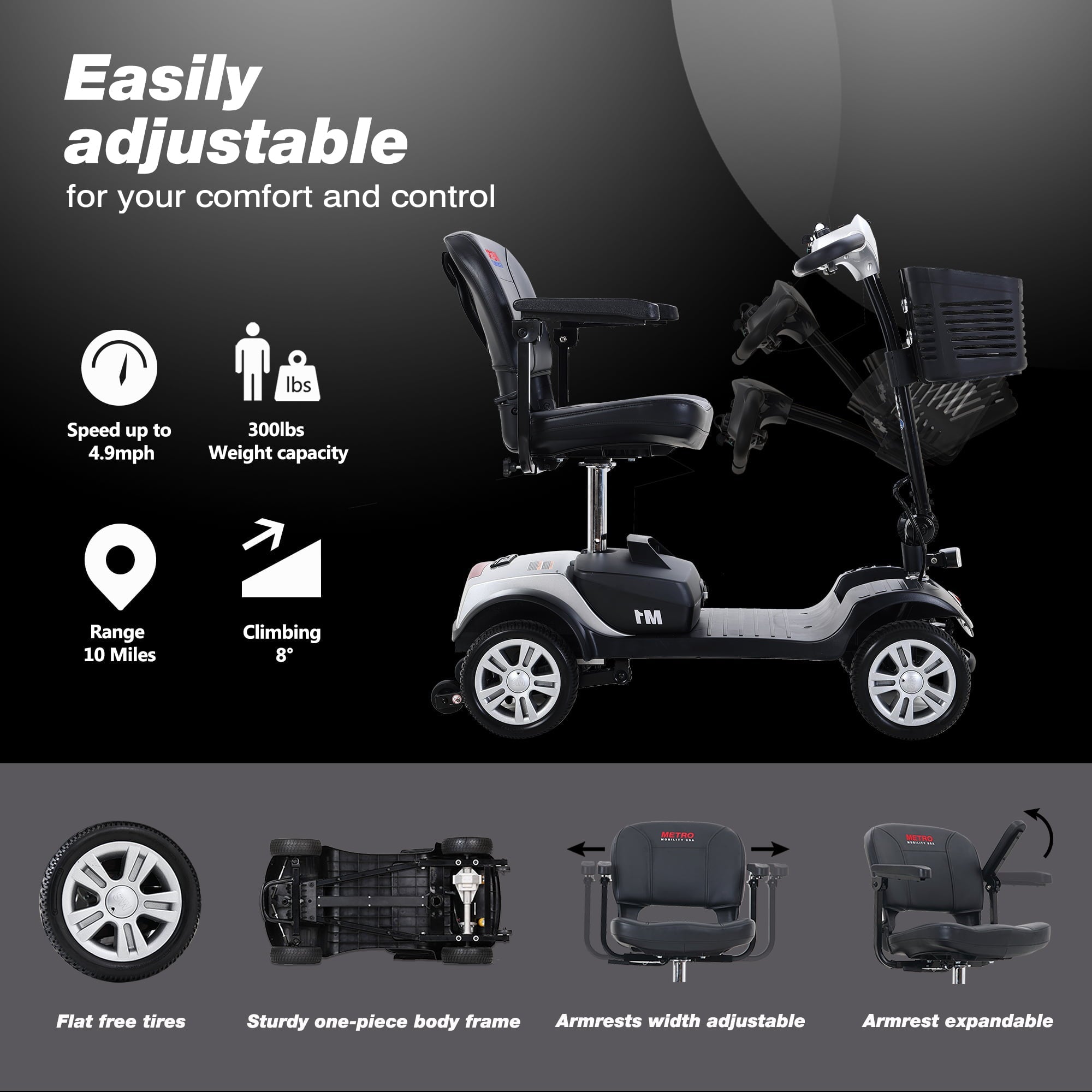 Compact Mobility Scooter, 4 Wheel Electric Powered Wheelchair Device - 300lbs Heavy Duty Mobile for Travel, Adults, Elderly - Power Extended Battery with Charger and Basket - Silver