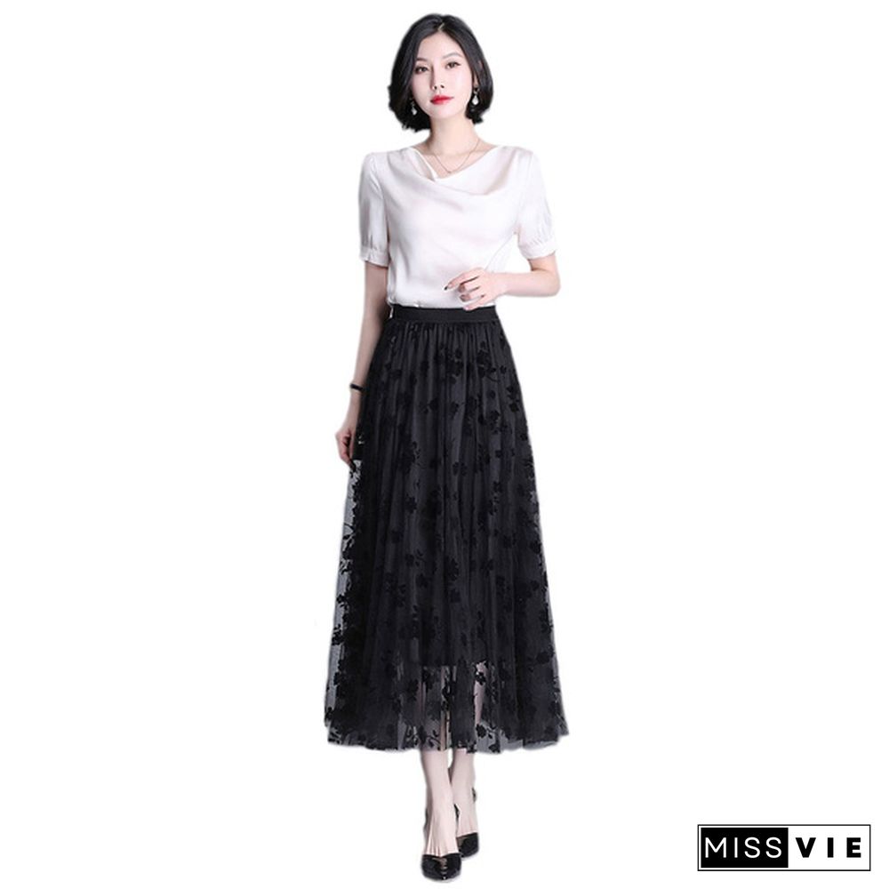 Spring Summer Women Long Maxi Pleated Skirt Midi Skirt High Waist Elascity Casual All-Match A- Line High Waist Streetwear Skirts