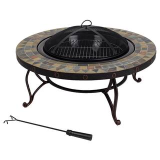 Pleasant Hearth Juniper Slate Top 34 in. W x 19.6 in. H Round Steel Wood Burning Rubbed Bronze Fire Pit OFW707RI