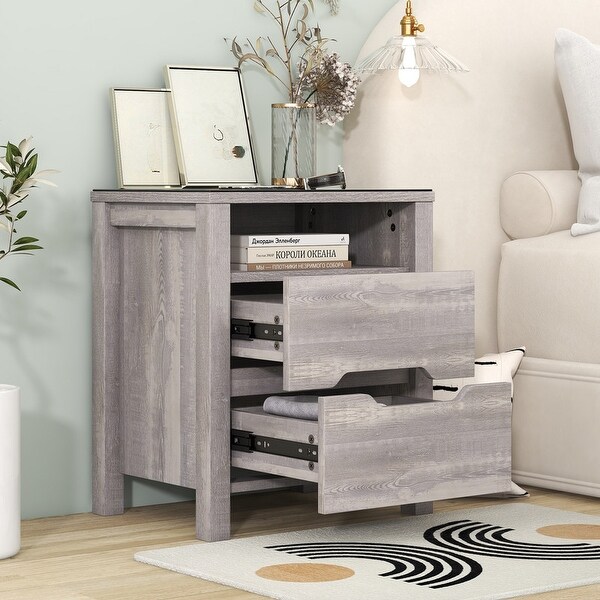 Nightstand with Wireless Charging Station and LED Lights， Modern End Side Table with 2 Drawers and Open Compartment for Bedroom - - 37244648