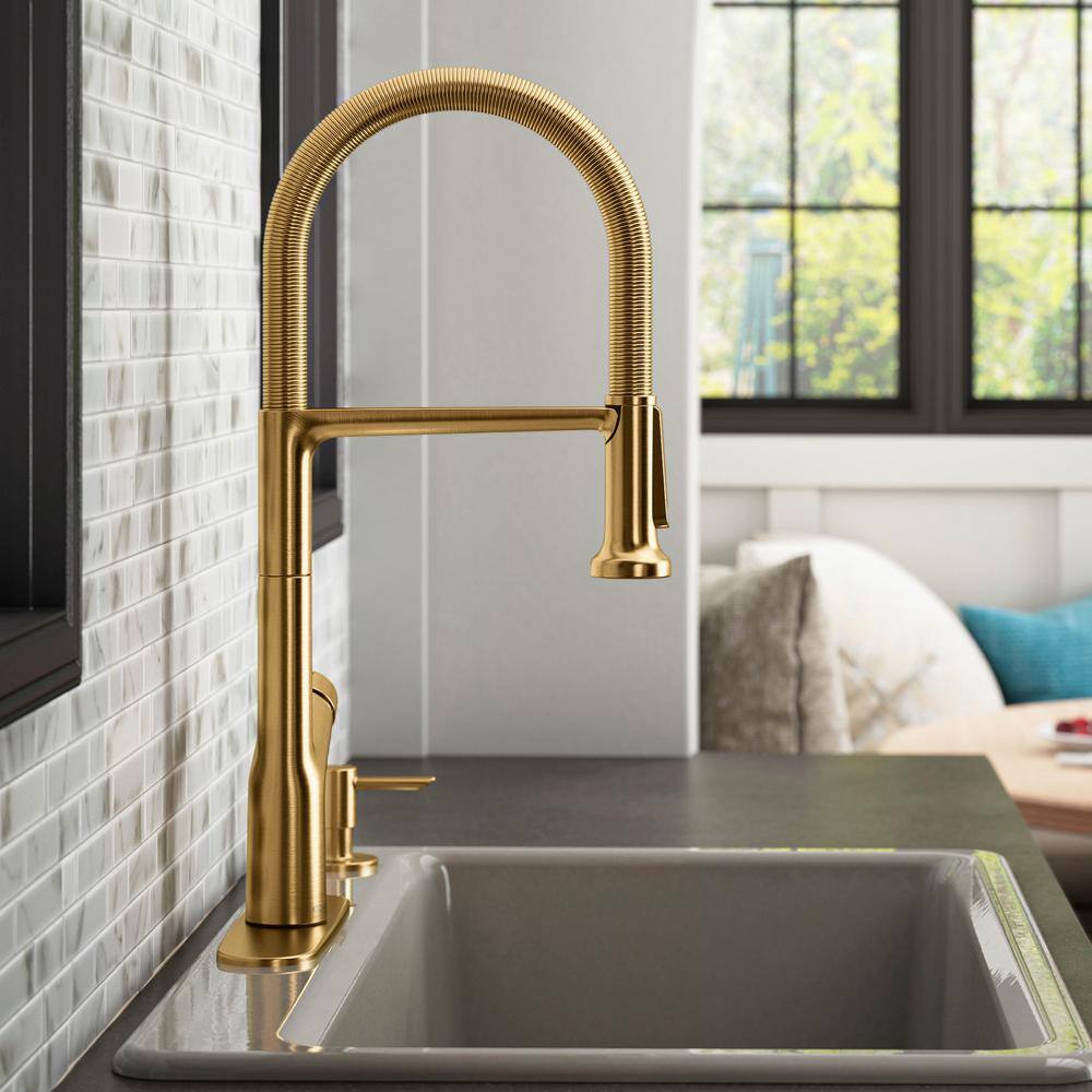 KOHLER Setra Single-Handle Semi-Professional Kitchen Sink Faucet with Soap Dispenser in Vibrant Brushed Moderne Brass K-R29343-SD-2MB