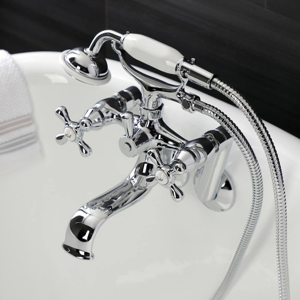 Kingston Brass 3-Handle Wall Mount Claw Foot Tub Faucet with Hand Shower in Polished Chrome HKS229C