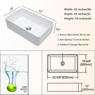 LORDEAR White Fireclay 33 in. Single Bowl Farmhouse Apron Front Kitchen Sink with Bottom Grid HAW3320R1