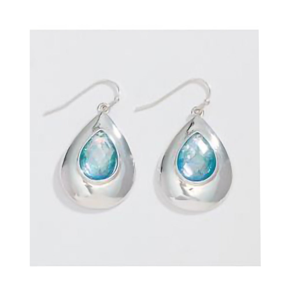 Periwinkle by Barlow  Polished Silver Teardrop with Aqua Glitter Crystals  - Earrings